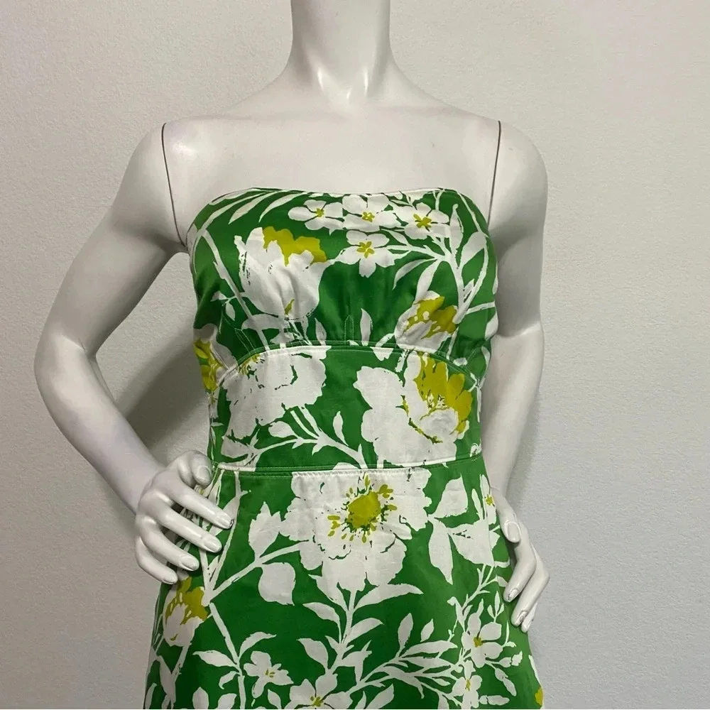 J. Crew Green White Floral Tropical Ruffle Hem Strapless Midi Dress Size 4